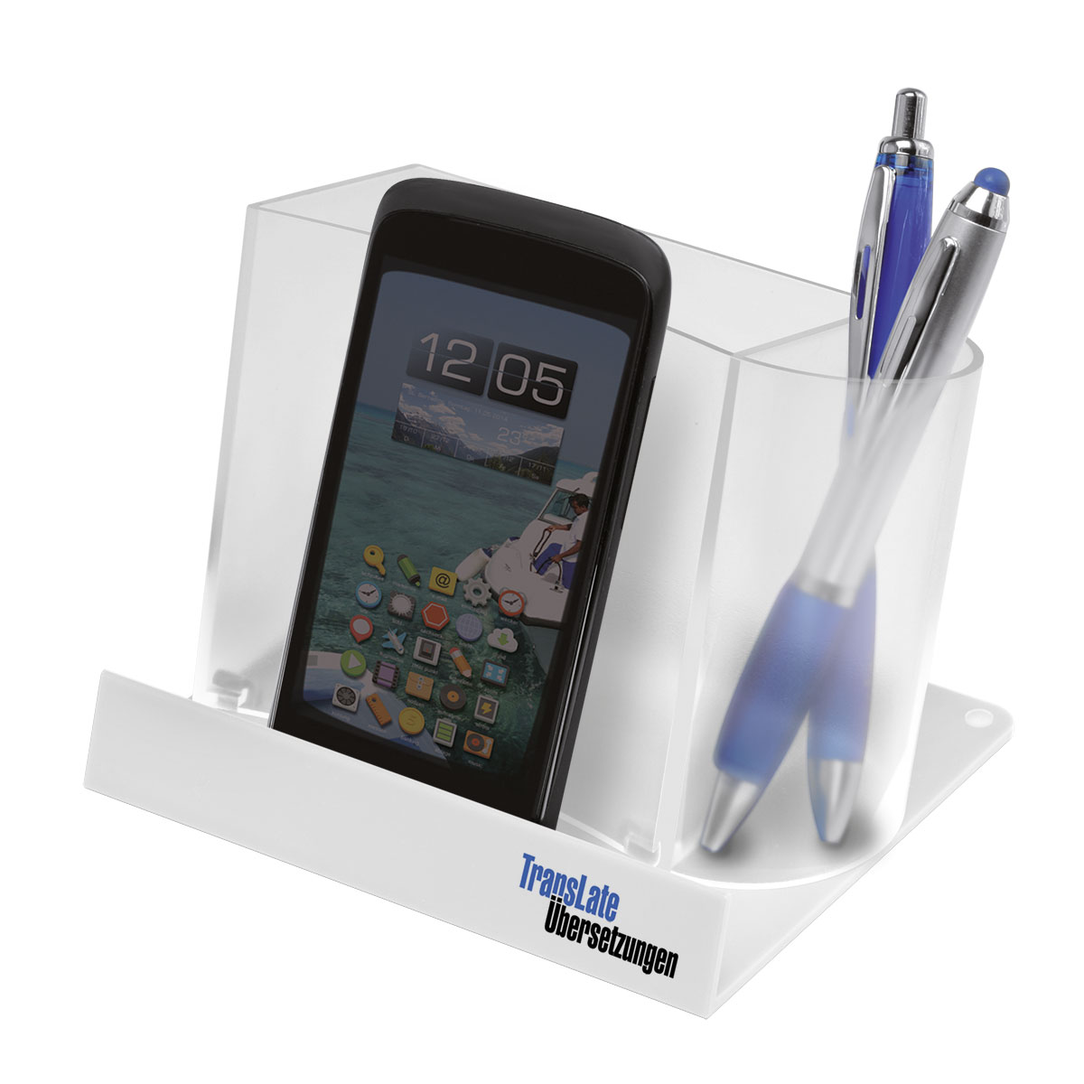 Smartphone-/Tabletständer mit Zettelbox und Köcher